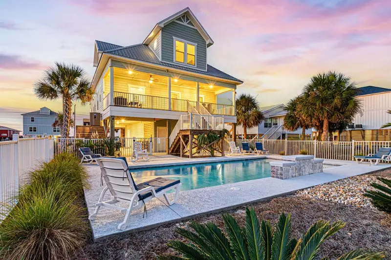 A finished outdoor living space at sunset on the Alabama Gulf Coast