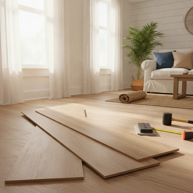 Luxury vinyl plank flooring being installed in a bright coastal living room