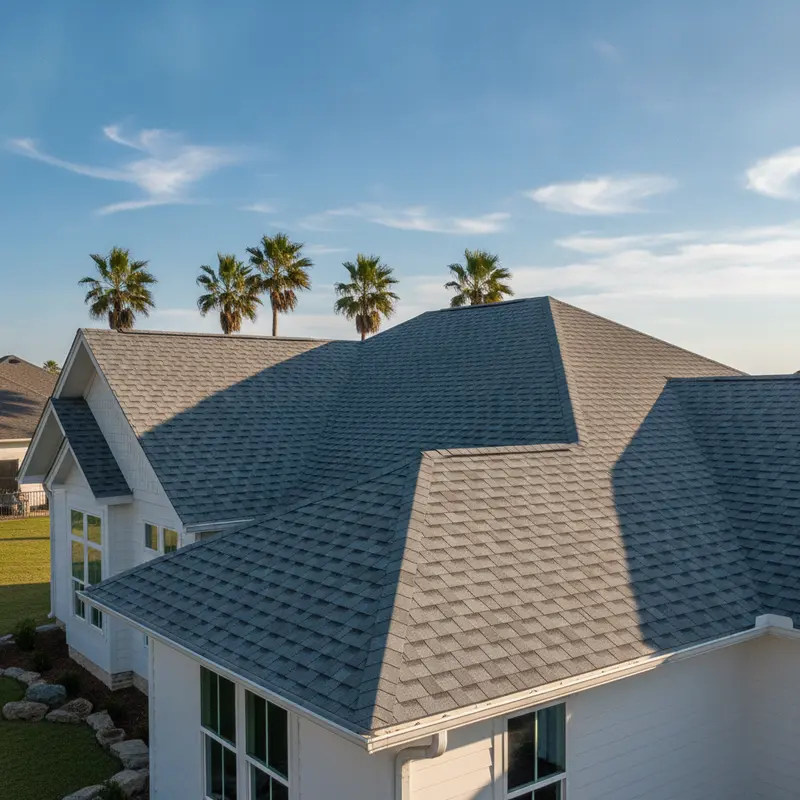 Newly installed architectural shingle roof on a coastal Alabama home under a blue sky