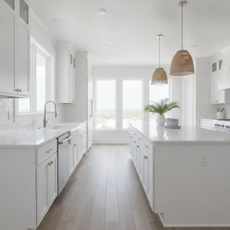 Bright modern coastal kitchen remodel with white cabinets and tile floor in Gulf Shores, Alabama