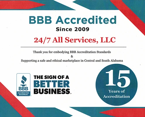 BBB Accredited Business since 2009 certificate awarded to 24/7 All Services, LLC